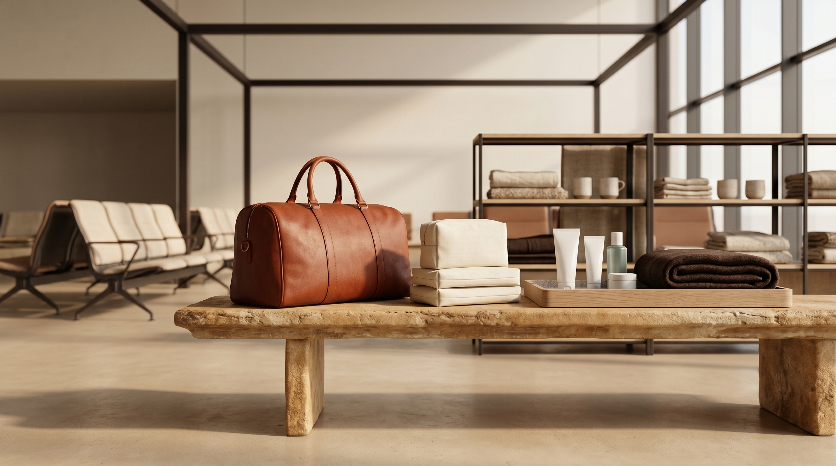 Editorial wide-angle interior with neutral props and warm directional light, arranged as a clean reference scene for a single-serve retail channel — no people, no logos.